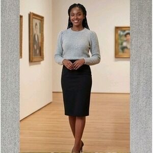 Liz Claiborne Gray Sequin Pullover Sweater PM Petite Pleated Shoulder Knit